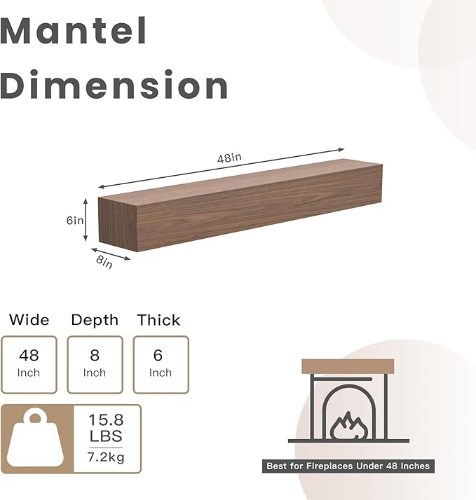 Fireplace Mantel Shelf 48 X 8 X 6 Inch, Handcrafted Solid Mantel for Over Fireplace, 6 Inch Thick Wall Mounted Floating Fireplace Mantel, Real Wood