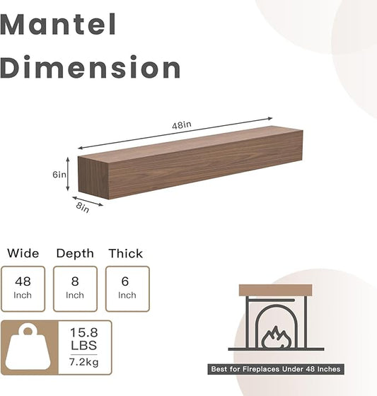 Fireplace Mantel Shelf 48 X 8 X 6 Inch, Handcrafted Solid Mantel for Over Fireplace, 6 Inch Thick Wall Mounted Floating Fireplace Mantel, Real Wood