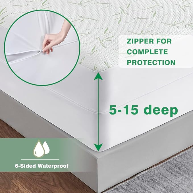 Parkdeny Queen Waterproof Cooling Mattress Cover, Rayon from Bamboo Encasement, 3D Air Fabric, Breathable, Noiseless, Washable, Fits 5"-15" Deep Mattresses