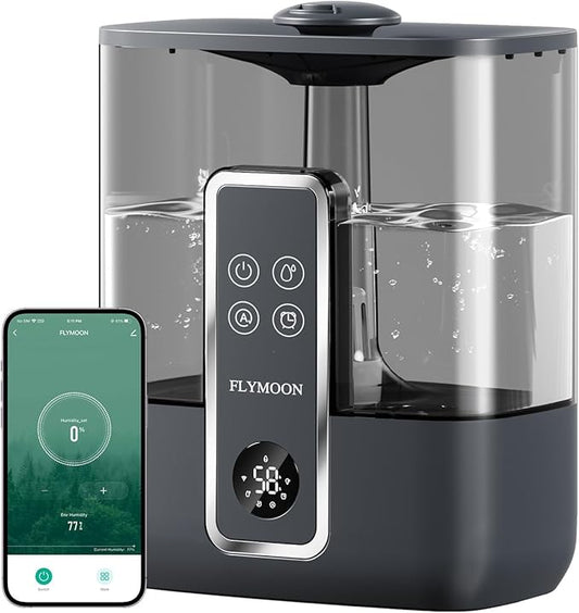 FLYMOON Smart Humidifiers for Bedroom, 5L Top Fill Cool Mist Humidifiers for Large Room, 50H Runtime, 28 dB Quiet,12H Timer, App Control, Ultrasonic Humidifier for Plants, Baby, Indoor, Home, Black