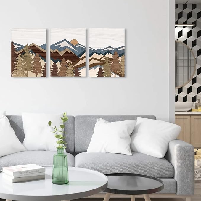 BINCUE Boho Mountain Wall Art Framed Mountains Office Canvas 3 Piece Artwork 12x16 Inch for Living Room Bedroom Décor