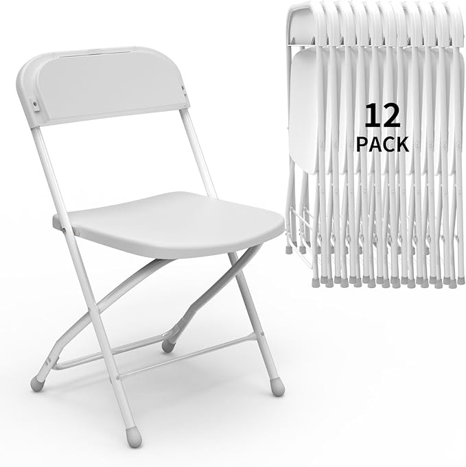 SHGJ&SOFT Set of 12 Folding Chairs, Plastic Seat and Backrest, White Metal Frame Chair, Suitable for Indoor and Outdoor,Capacity 350 lbs (White, 12-Pack)