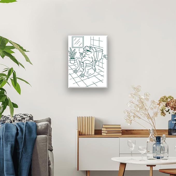 Jatinoo Funny Frog Bathroom Art Framed Canvas - 11.5x15 Inch Meme Wall Decor for Women Men, Cute Aesthetic Frog Decor, Funky Unique Bathroom Pictures for Forest Western Theme