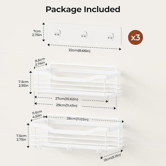 Orimade Shower Caddy Basket Shelf Storage Rack, No Drilling Wall Mounted Adhesive Rust Proof Stainless Steel Shower Organizer with 5 Hooks for Bathroom, White 2 Pack