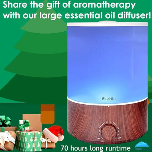 BlueHills Premium 4000 ml XL Essential Oil Diffuser 4L 4 Liter 70 Hour Run Humidifier Aromatherapy 1 Gallon Big Capacity High Mist Output for Extra Large Room Home Mood Lights Dark Wood Grain E402