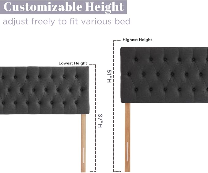 Kingfun Tufted Upholstered King Size Bed Headboard in Modern Button Design, Adjustable Solid Wood Head Board, Premium Linen Fabric Padded Headboards in Bedroom (Dark Grey)