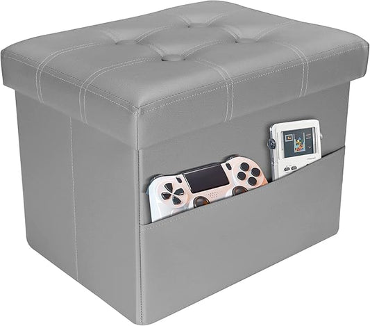 AmasSmile Storage Ottoman Folding Foot Rest Stool with Side Pocket, 16 inch Leather Footstool Bench, Short Ottoman Bench, Storage Foot Rest Store, Books, Grey