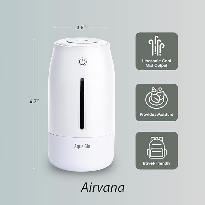 Aqua Glo Personal, Portable Humidifiers for Bedroom – Ultrasonic Cool Mist Humidifier with Built In Rechargeable Battery. Air Humidifier for Baby, Plants, Home, Office, Travel. White