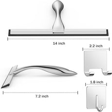 All-Purpose Stainless Steel Shower Squeegee for Shower Glass Door with 2 Adhesive Hooks, Bathroom Cleaner Tool Household Window Mirror Squeegee for Glass Doors, Cleaning Tile Wall, Car, 14 Inch Silver
