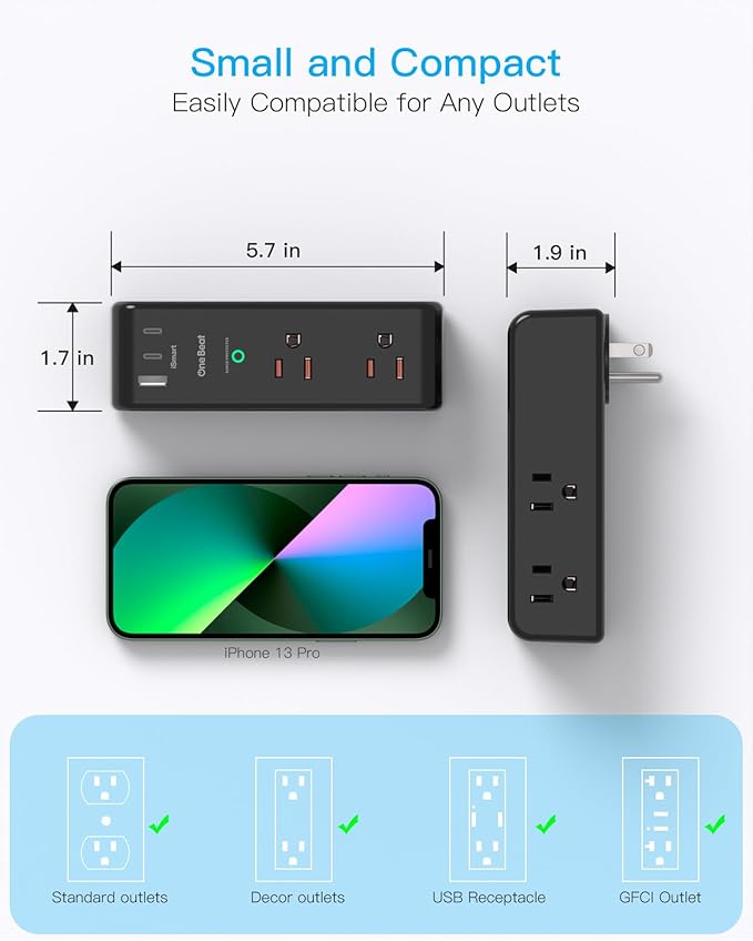Surge Protector Outlet Extender with Rotating Plug, 6 AC Multi Plug Outlet with 3 USB Ports (2 USB C), 1800 Joules, 3-Sided Swivel Power Strip with Spaced Outlet Splitter for Home, Office, Dorm, Black
