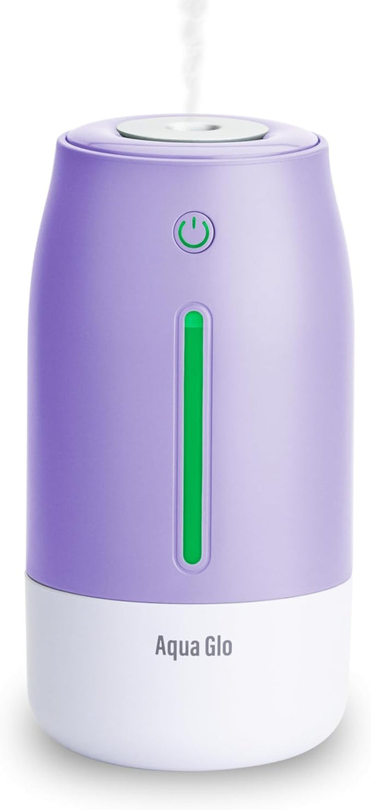 Aqua Glo Personal, Portable Humidifiers for Bedroom – Ultrasonic Cool Mist Humidifier with Built In Rechargeable Battery. Air Humidifier for Baby, Plants, Home, Office, Travel. Lavender