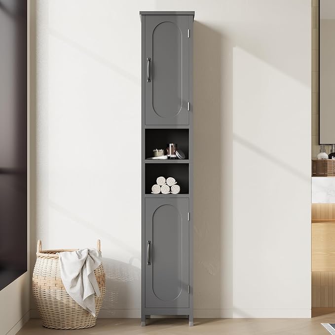67" Tall Bathroom Storage Cabinet with Lights, Slim Narrow Bathroom Cabinet Organizer with Doors and Adjustable Shelves, Tall Cabinet for Small Space (66.9" Tall-Grey with Light, 1 Pack)