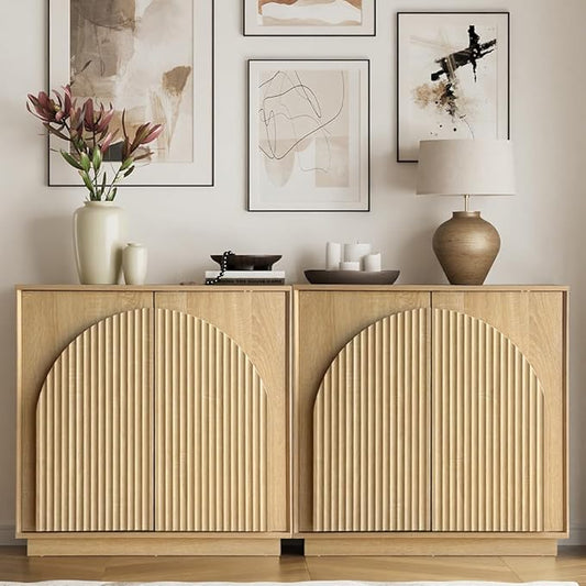 win2win Fluted Sideboard Buffet Cabinet with Storage, 31.5" Modern Boho Accent Cabinet with Double-Layered Arch Doors, Small Wood Console Credenza for Living Room, Dining Room, Entryway, Oak, 2PCS