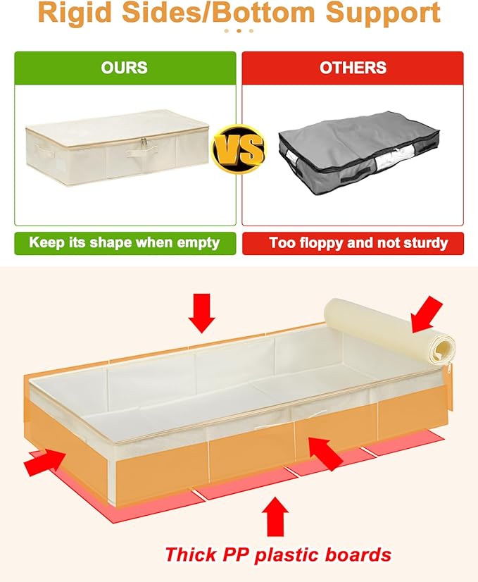 punemi Underbed Storage, 3 Pack Clothing Storage Bags W/Sturdy Handles, Large Capacity Underbed Shoe Container Organizer, Dorm Essentials Bins for Blankets, Pillows, Comforters & Quilts, Beige, 50L