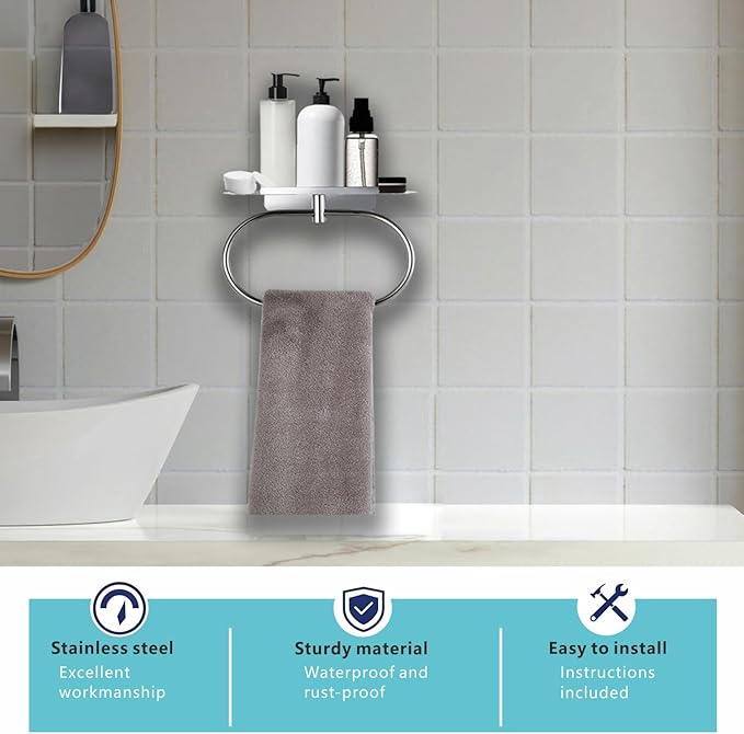 Towel Ring with Shelf Steel Self, Stainless Steel Bath Towel Rings, Self Adhesive Hand Towel Ring for Bathroom, Wall Mounted Towel Hanger for Bathroom Kitchen (Chrome)