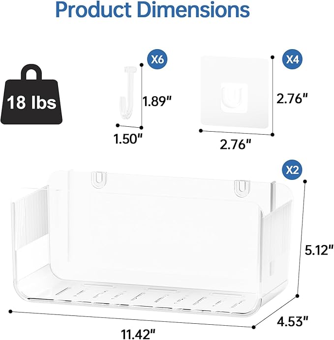 Bath Toy Storage Holder, 2 Pack Large Capacity Clear Adhesive Shower Caddy & Bathtub Organizer with Quick-Dry Holes, No Drill Wall Mounted for Bathroom, Kitchen