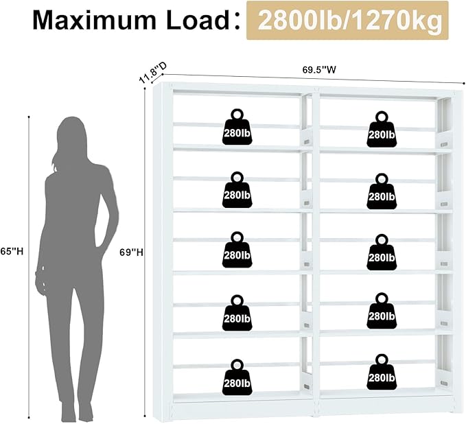 5 Tier Metal Bookshelf, 69" Tall Bookcase with Adjustable Storage Shelves, Heavy Duty Metal Book Shelf Organizer for Living Room, Office, Library, Including Book Stoppers (White, Set of 2)