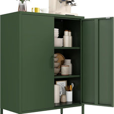 Metal Locker Cabinet, Green Storage Cabinets with 2 Doors and Adjustable Shelves, 3 Tier Modern Storage Freestanding Sideboard for Living Room,School,Office Home Kitchen and Coffee Bar