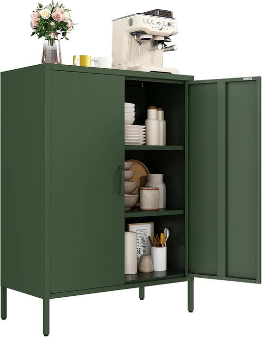 Metal Locker Cabinet, Green Storage Cabinets with 2 Doors and Adjustable Shelves, 3 Tier Modern Storage Freestanding Sideboard for Living Room,School,Office Home Kitchen and Coffee Bar