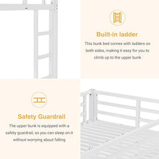 Twin Over Full Bunk Bed, Metal Bunk Bed Frame Heavy Duty Bunk Beds Loft Bed Frame with Ladder and Guardrail Metal Slats No Box Spring Required for Adults Teens, White