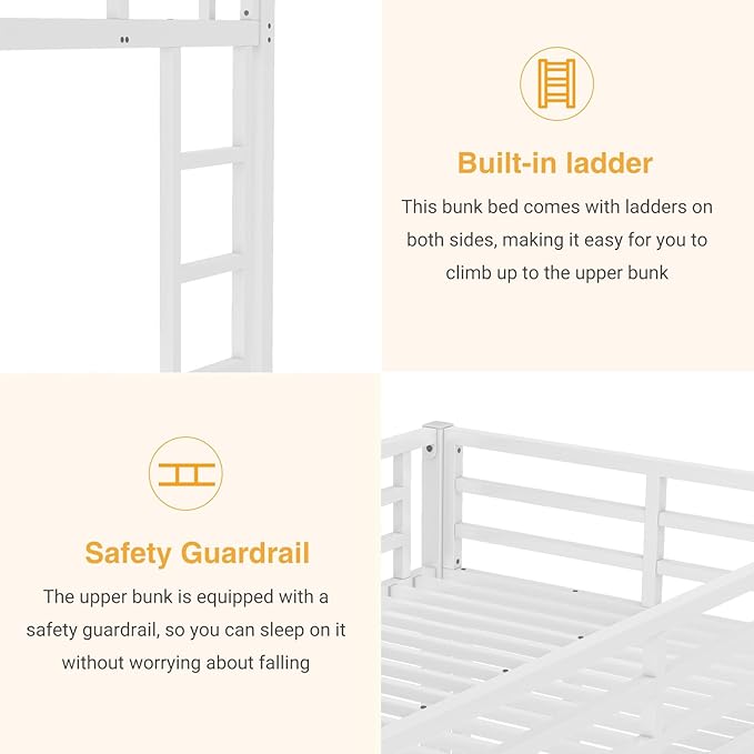 Twin Over Full Bunk Bed, Metal Bunk Bed Frame Heavy Duty Bunk Beds Loft Bed Frame with Ladder and Guardrail Metal Slats No Box Spring Required for Adults Teens, White