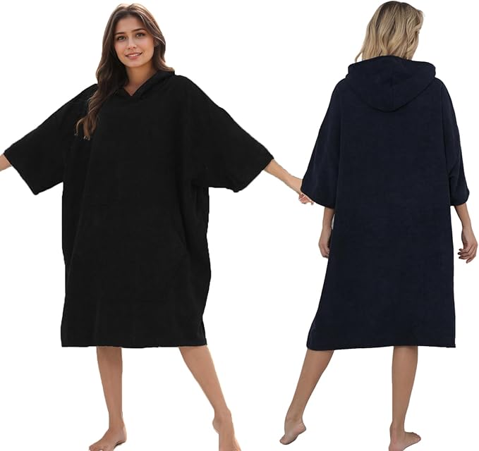 Surf Poncho Hooded Beach Towel, Quick Dry Terry Cloth, Extra Large Changing Robe with Pockets for Adults, Unisex Black Cover-Up for Swim, Bath, Beach, Gift for Swimmer Lovers