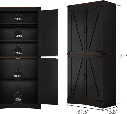 71in Farmhouse Kitchen Pantry Cabinet,Tall Storage Cabinet with 4 Doors and Adjustable shelves,with Load-Bearing Steel Pipe,Wood Storage Cabinets for Kitchen,Dining Room,Bathroom(Black)