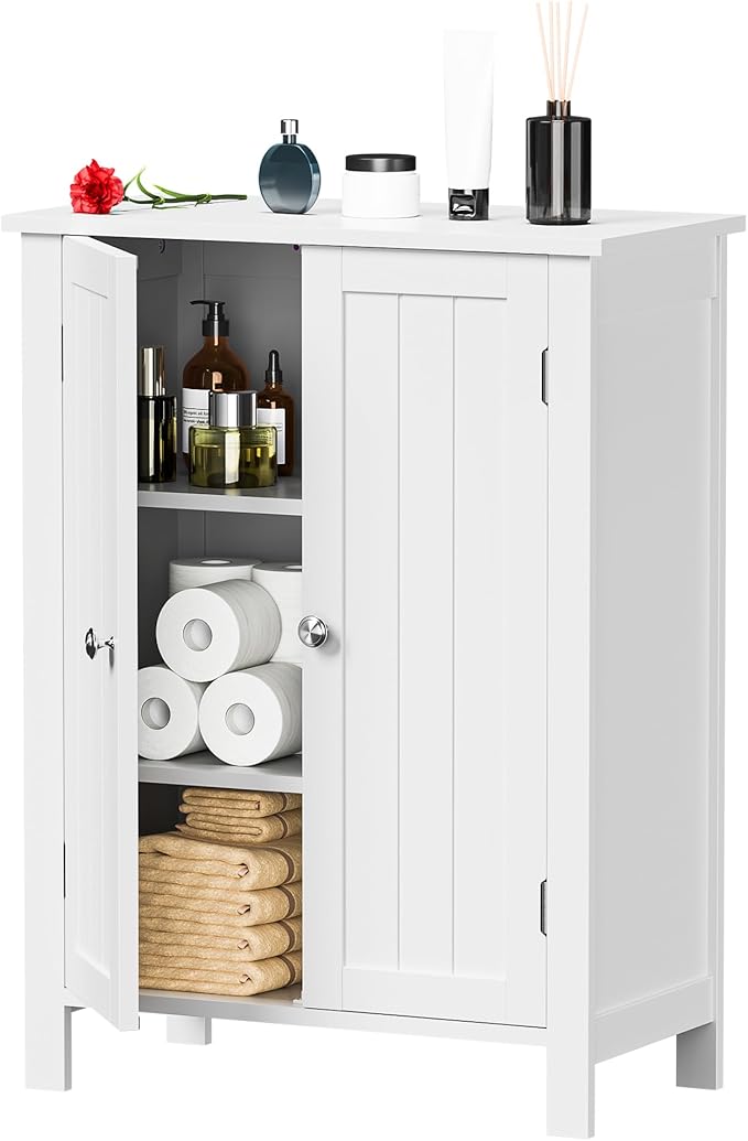 SUPER DEAL Modern Bathroom Floor Storage Cabinet with Adjustable Shelf and Double Door Rust Proof, Living Room Modern Home Furniture Storage Organizer Cabinet