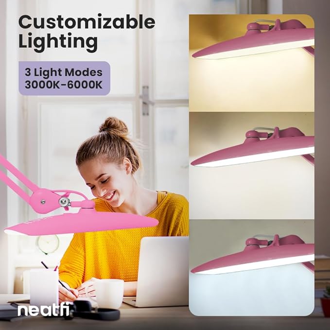 Neatfi XL 2,200 Lumens LED Task Lamp, 20W, 182 Pcs SMD LED, Dimmable, 4 Level Brightness, 3 Light Modes, Desk Light for Home, Office, Workbench (CCT, Pink)