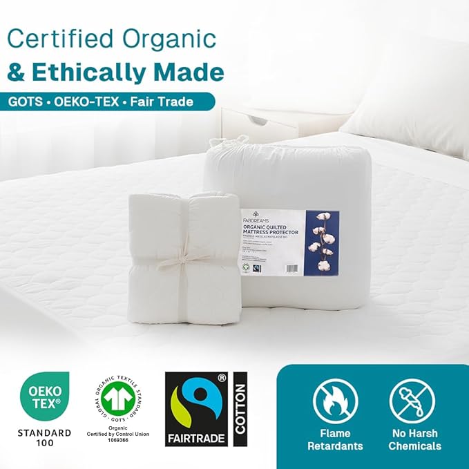 FABDREAMS Organic Quilted Mattress Protector Full Size | Mattress Pad| Mattress Cover| Naturally Breathable | Noiseless| Fits up to 17" Deep Pockets| Temperature Regulating | Full | White
