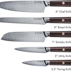 Yatoshi Knives Magnetic Kitchen Knife Block Set - Japanese 67 Layer High-Grade VG-10 Steel Knives, Sharp, G10 Handle Professional Kitchen Knife Set - Damascus (6 pieces), Brown Pakkawood Handles