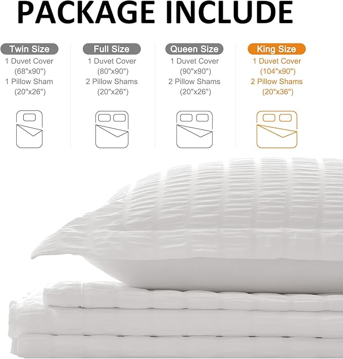 Cozyide White King Size, 3 Pieces Bedding, Soft Breathable Seersucker Duvet Cover Set with Zipper Closure and Corner Ties (1 Duvet Cover 104"x90" + 2 Pillow Shams 20"x36")