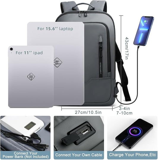hk Backpack for Men Business Slim Backpack with USB Charger Computer Lightweight Anti-theft Travel (Dark Grey, 17.3 Inch)