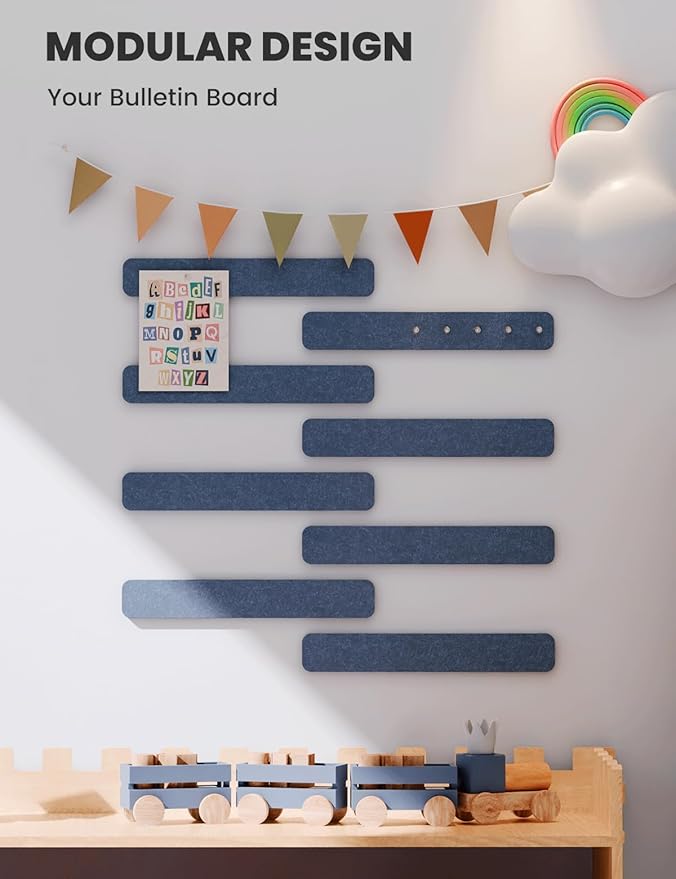 Cork Board Alternative Felt Strip Board 8-Pack 13"x2", Office Pin Board with 50 Push Pins, Adhesive Install for Bedroom Door & Home Office(Denim Blue)