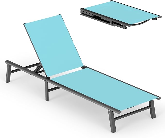 Ciokea Upgraded Aluminum Outdoor Lounge Chair - No Assembly Needed, Foldable Patio Chaise Lounge with 5 Adjustable Positions, Reinforced Frame for Extra Durability, Pool Beach Lounge Chair,Lake Blue