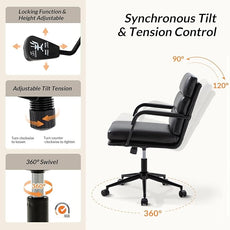 HULALA HOME Modern Faux Leather Home Office Chair with Tilt Lock & Metal Base, Desk Chair with Wheels & Padded Cushion, 360° Swivel Wide Seat Computer Task Chair, Black
