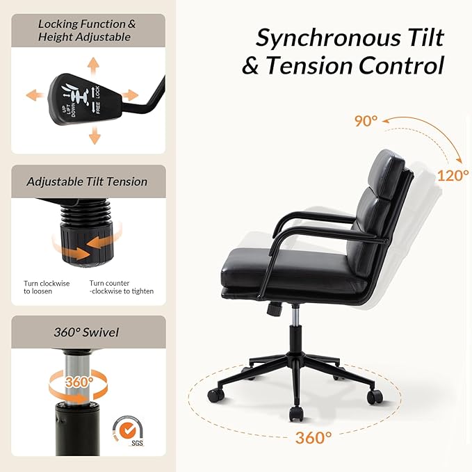 HULALA HOME Modern Faux Leather Home Office Chair with Tilt Lock & Metal Base, Desk Chair with Wheels & Padded Cushion, 360° Swivel Wide Seat Computer Task Chair, Black