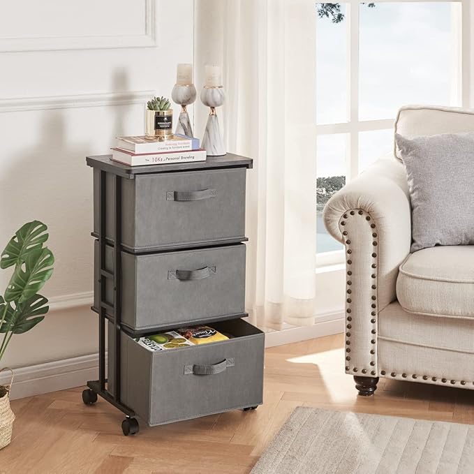 MAX Houser Dresser Tower with 3 Drawers for Bedroom, Fabric Storage Organizer Unit, Chest of Drawers with with WoodTop, Small Vertical Storage for Guest Room, Closet, Entryway, Nursery (Grey)