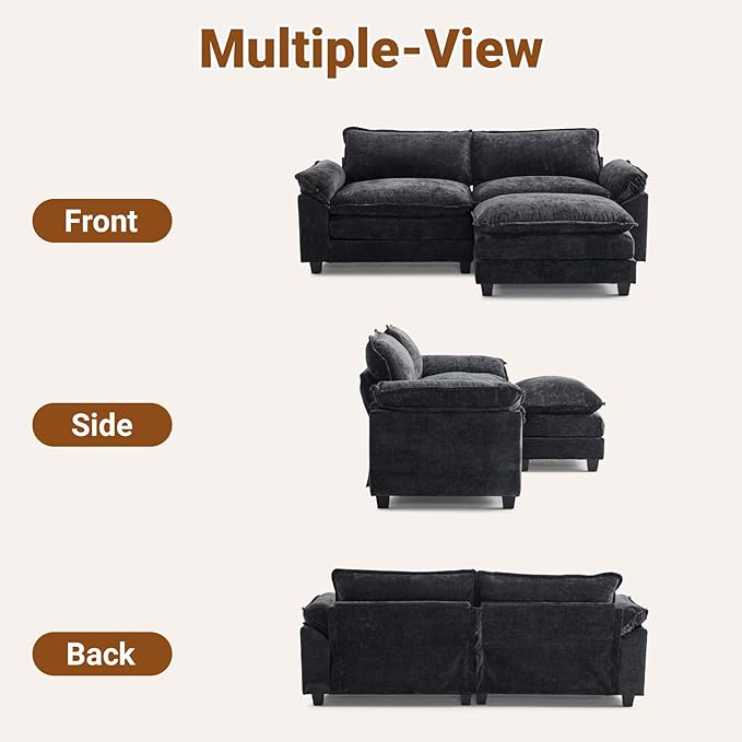 VINGLI 87" Convertible Sectional Sofa,L-Shape Deep Seat Sofa Couch for Living Room,Modern Chenille 2 Seat Loveseat Sofa with Ottoman for Small Space(Black, 87")