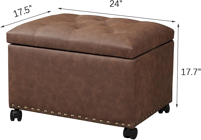 Joveco Leather Storage Ottoman with 360° Caster Wheels 24" Foot Rest Bench Rectangle Ottomans