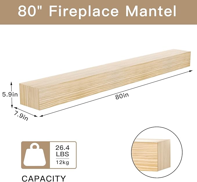 Fireplace Mantel Shelf, 80" Handcrafted Solid Wood Floating Shelf for Over Fireplace - Rustic Farmhouse Wall-Mounted Mantel with Heavy-Duty Hidden Bracket, 80"x8"x6" Natural Finish