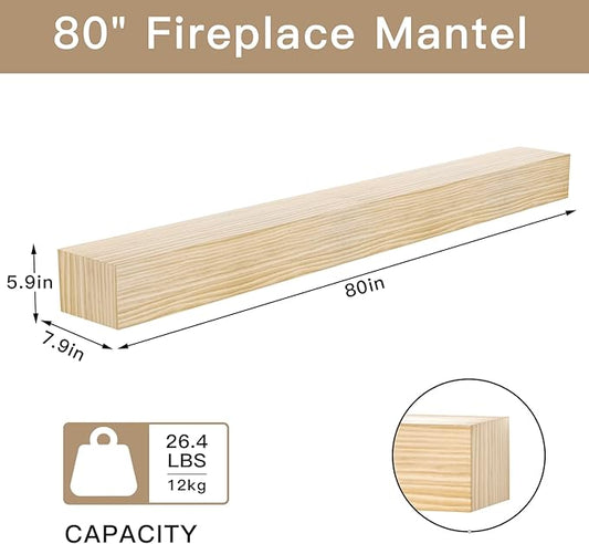 Fireplace Mantel Shelf, 80" Handcrafted Solid Wood Floating Shelf for Over Fireplace - Rustic Farmhouse Wall-Mounted Mantel with Heavy-Duty Hidden Bracket, 80"x8"x6" Natural Finish