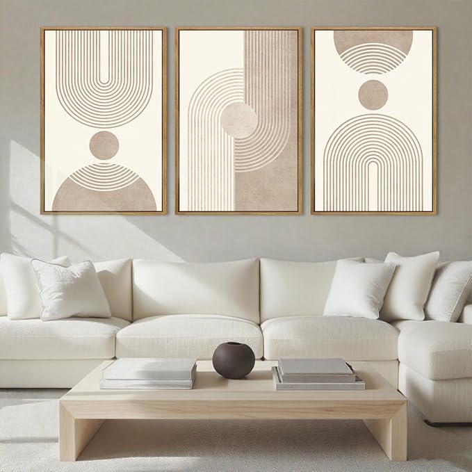 BINCUE Beige Neutral Canvas Wall Art Framed Geometric Abstract Wall Decor Mid Century Modern Artwork Wall Decor for Living Room Bedroom Office 16"x24" Set 3 Gift