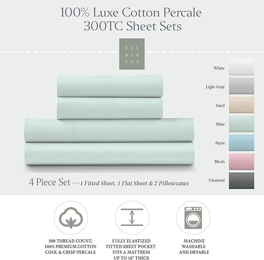 Ella Jayne Percale Sheets King Size (4 Pieces) Permium 100% Cotton Percale TC300, Hotel Luxury Collection, Deep Pockets and Cooling Cotton Percale Sheets King (Mint)