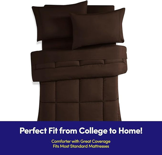 Dorm Room Essentials College Bedding Comforter Set 7 Piece Full Size Bed in a Bag for College Students Boys and Girls, Full, Chocolate Brown