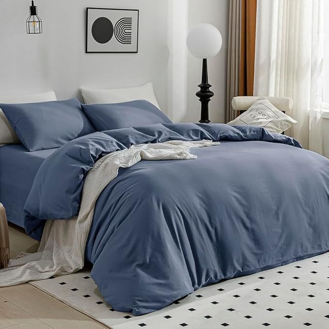 JELLYMONI Blue Duvet Cover King Size - 100% Washed Cotton Linen Like Textured Comforter Cover, 3 Pieces Lightweight Soft Bedding Set with Zipper Closure (Blue, King 104"x90")