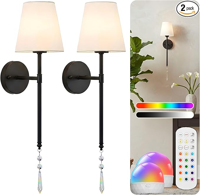 Battery Operated Wall Sconces Set of Two, Rechargeable Wall Sconce Wireless Battery Wall Lamp with 15 Colors RGBCW Dimmable Magnetic Bulbs & Remote for Bedroom Living Room Hallway Decor Black