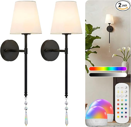 Battery Operated Wall Sconces Set of Two, Rechargeable Wall Sconce Wireless Battery Wall Lamp with 15 Colors RGBCW Dimmable Magnetic Bulbs & Remote for Bedroom Living Room Hallway Decor Black