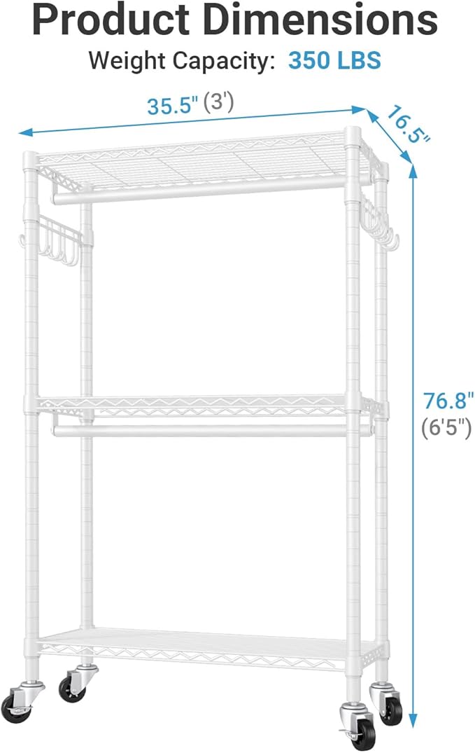 VIPEK R2 Heavy Duty Rolling Garment Rack 3 Tiers Adjustable Clothes Racks with Double Rods & Hooks, Freestanding Wardrobe Closet Storage Rack Metal Clothing Racks for Hanging Clothes, White