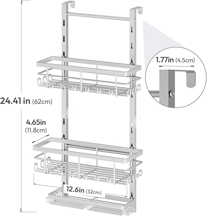 SWTYMIKI Over The Door Shower Caddy - 3 Tier Rustproof Hanging Shower Organizer with Adjustable Shelves, 28 Hooks & Soap Holder, Hanging Shower Rack Storage for Bathroom Accessories, Silver